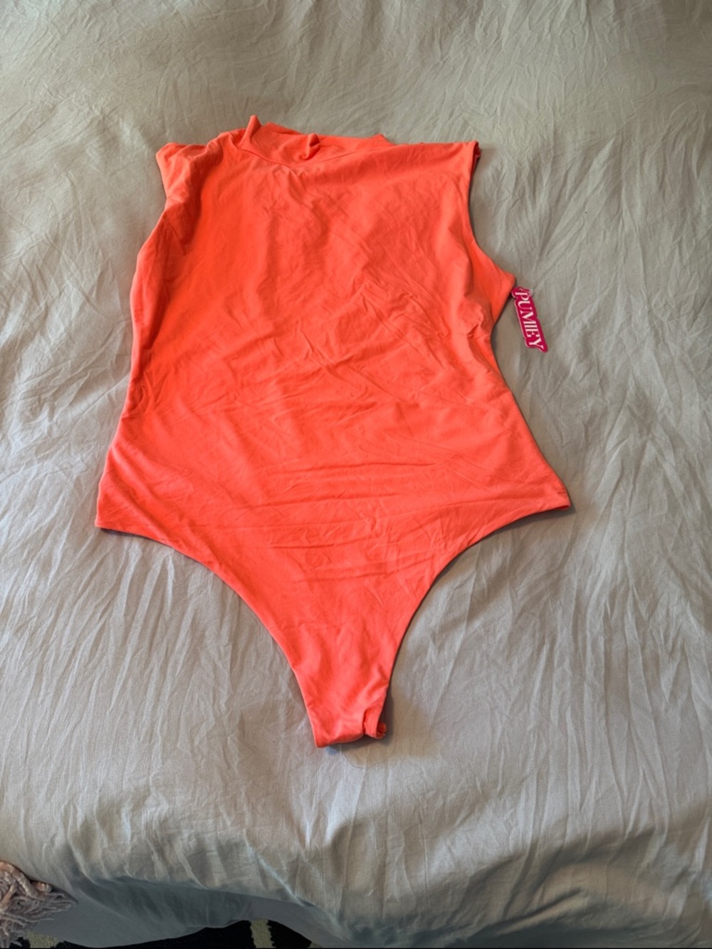 Pumiey Neon Coral Sleeveless High-Cut Bodysuit